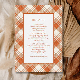 Carte D'accompagnement Détails de mariage à carreaux orange rustique atté
