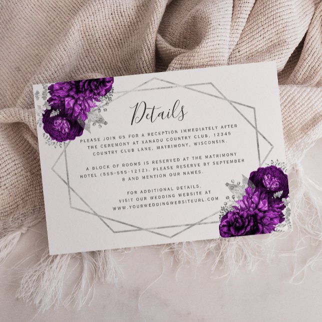 Carte D'accompagnement Détails de mariage argent floral violet prune (Créateur téléchargé)