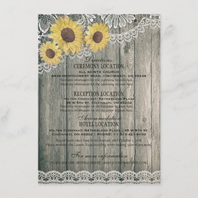 Carte D'accompagnement Détails de mariage au bois rustique country Sunflo (Devant)