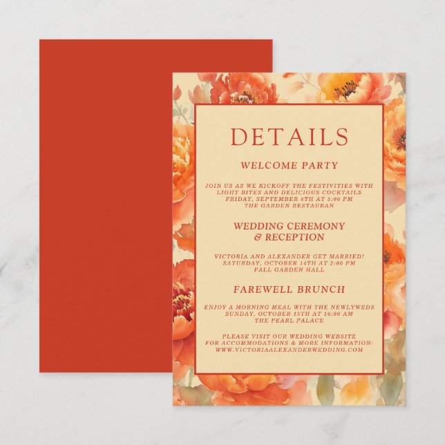 Carte D'accompagnement Détails de mariage automne floral orange brûlé (Devant / Derrière)