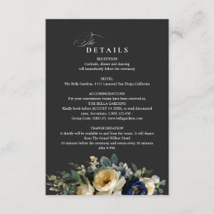 Carte D'accompagnement Détails de mariage aux pivoines florales bleu mari
