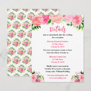 Carte D'accompagnement Détails de mariage aux roses roses avec feuillage