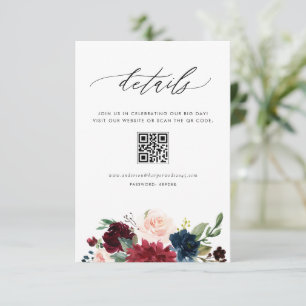 Carte D'accompagnement Détails de mariage avec code QR Fleurs Bourgogne e