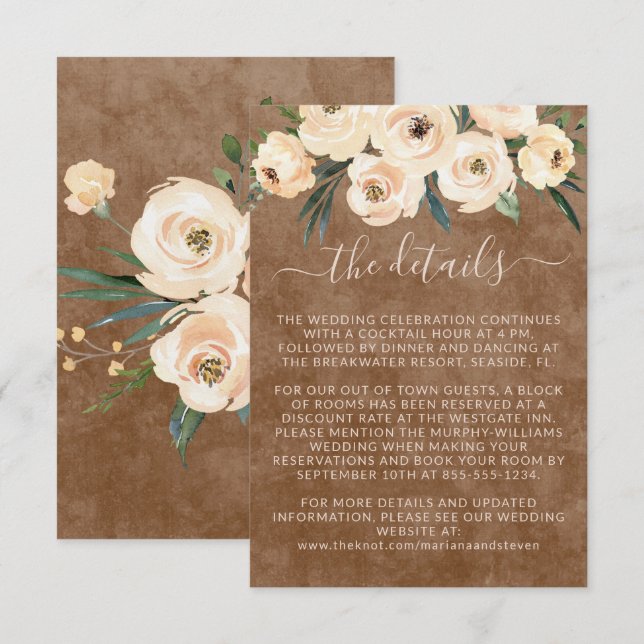Carte D'accompagnement Détails de mariage beige floral  (Devant / Derrière)