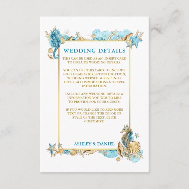 Carte D'accompagnement Détails de mariage bleu corail coquillages aquarel (Devant)