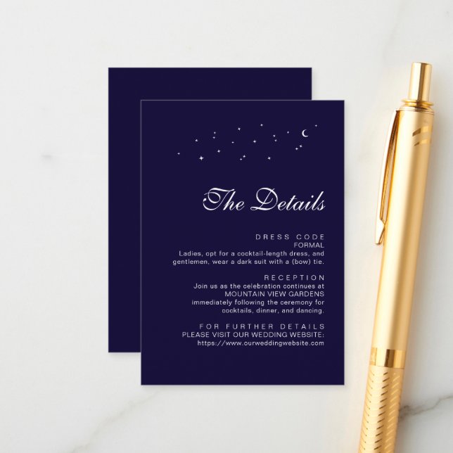 Carte D'accompagnement Détails de mariage bleu nuit céleste minimaliste (Devant/Arrière en situation)