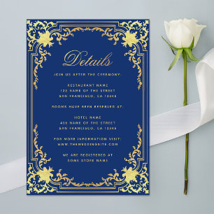 Carte D'accompagnement Détails de mariage bleu royal Élégant feuilletage 