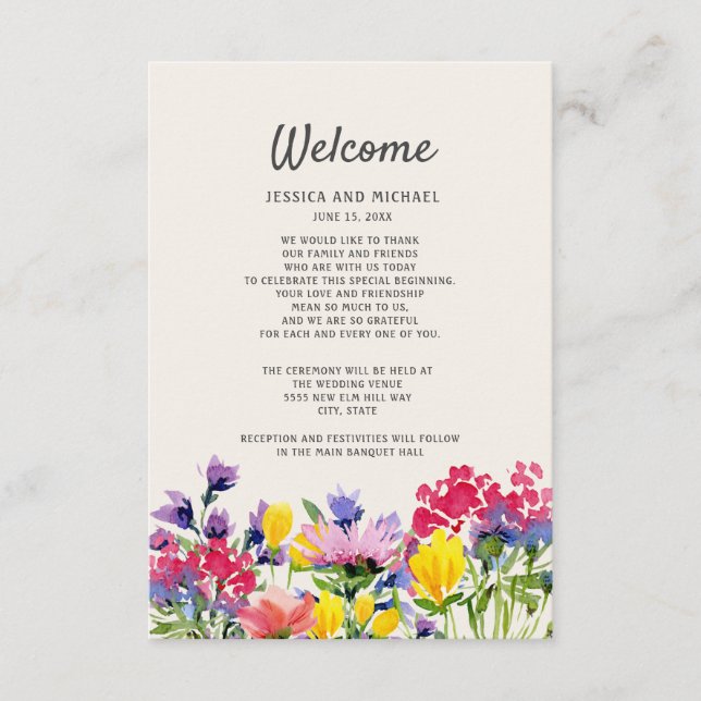 Carte D'accompagnement Détails de Mariage Bohème Aquarelle Fleurs Sauvage (Devant)