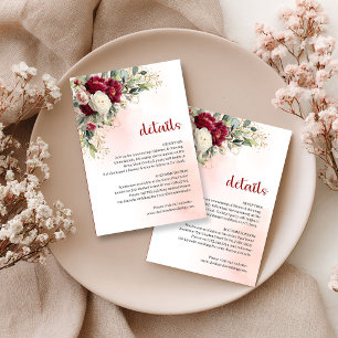 Carte D'accompagnement Détails de mariage Boho Bourgogne Floral Vert doré