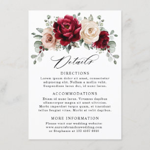 Carte D'accompagnement Détails de mariage Bourgogne Champagne Ivoire Mauv