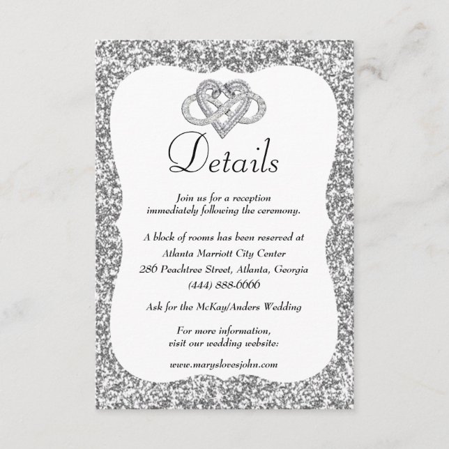 Carte D'accompagnement Détails de mariage de cœur d'infini de paillettes  (Devant)