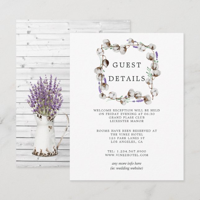 Carte D'accompagnement Détails de mariage de coton rustique de lavande po (Devant / Derrière)