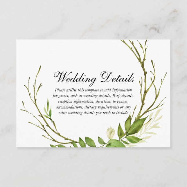Carte D'accompagnement Détails de mariage de couronne de feuilles élégant (Devant)