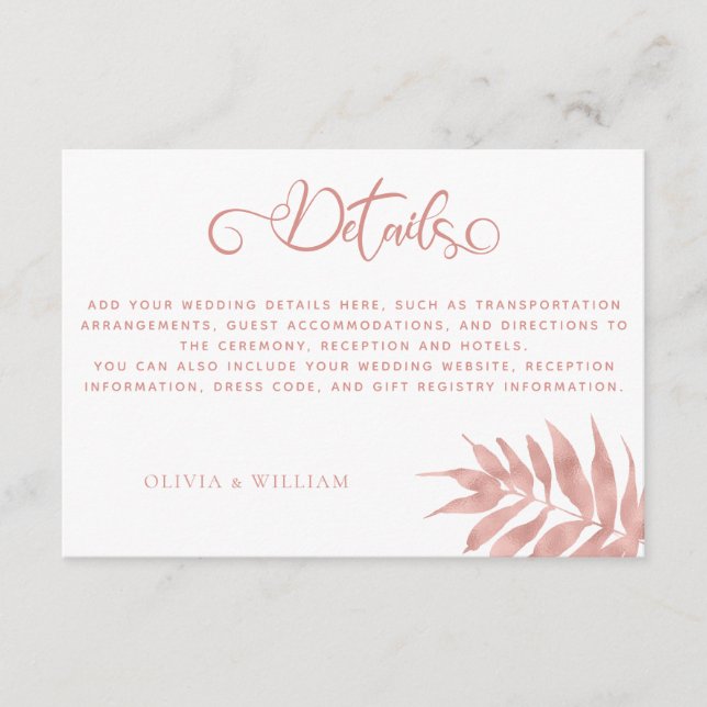 Carte D'accompagnement Détails de mariage de feuille tropicale en or rose (Devant)