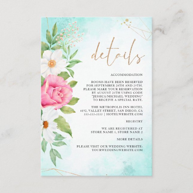Carte D'accompagnement Détails de mariage de rose florale ombrée turquois (Devant)