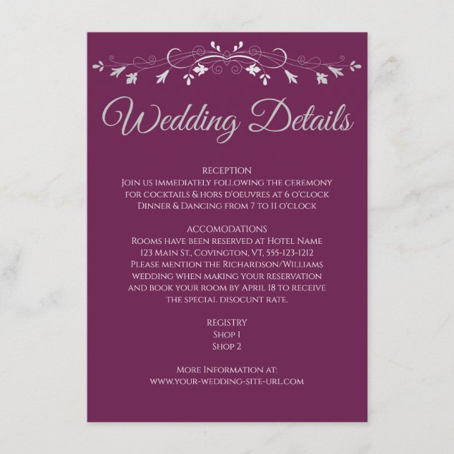 Carte D'accompagnement Détails de mariage Elegant Flourish Magenta Plum (Devant)