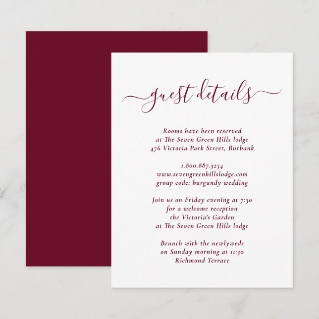 Carte D'accompagnement Détails de mariage élégant moderne bordeaux (Devant / Derrière)