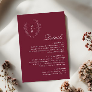 Carte D'accompagnement Détails de mariage élégants burgundy boho monogram