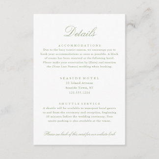 Carte D'accompagnement Détails de mariage élégants Vert Sauge Hôtel Info