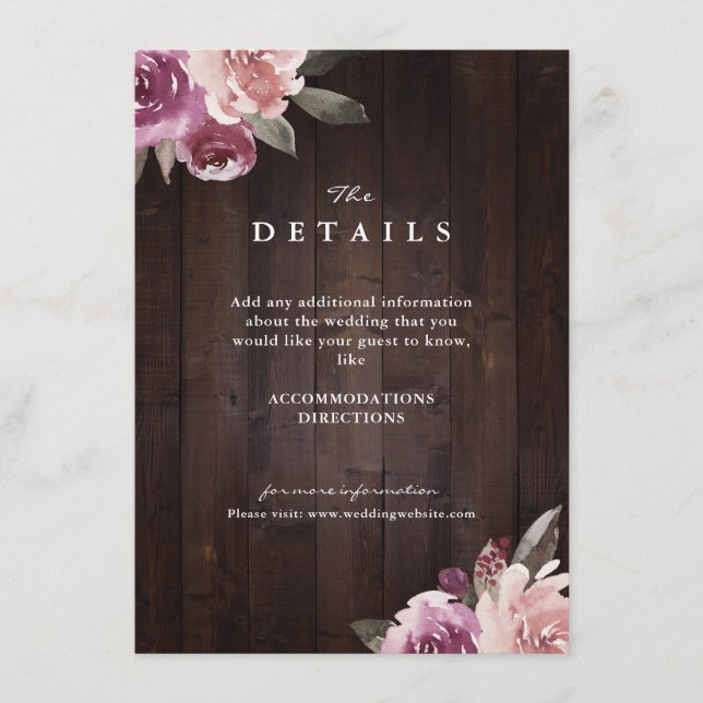 Carte D'accompagnement Détails de mariage en bois rustique floral violet  (Devant)