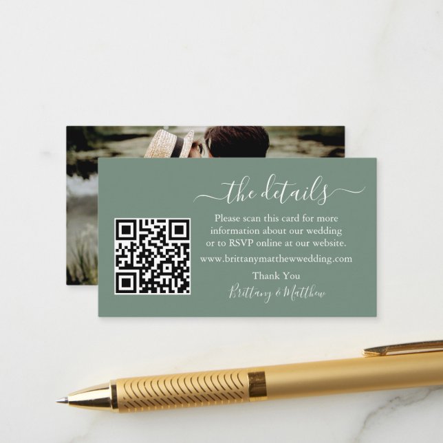 Carte D'accompagnement Détails de mariage en calligraphie QR Photo Vert S (Devant/Arrière en situation)