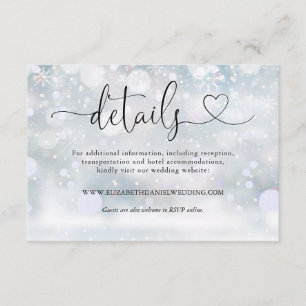 Carte D'accompagnement Détails de mariage en écriture de cœur de flocons 
