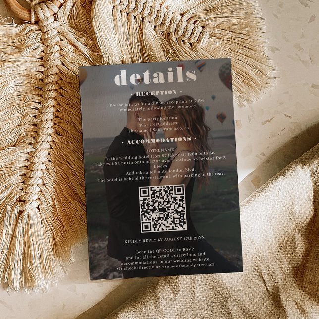 Carte D'accompagnement Détails de mariage en gras Qr code 2 photos noir (Bold font wedding details Qr code 2 photos black Enclosure Card)
