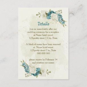 Carte D'accompagnement détails de mariage fleurs blanches bleues verdure