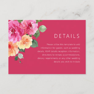 Carte D'accompagnement Détails de mariage floral aquarelle rose vibrant