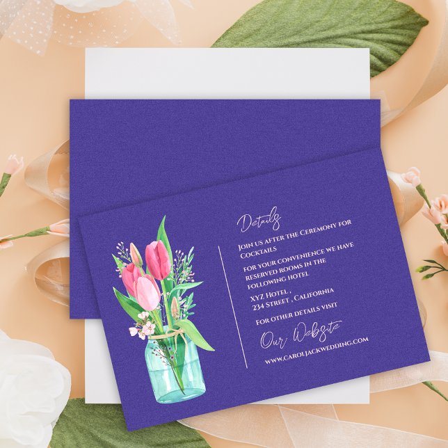 Carte D'accompagnement Détails de mariage floral avec pot Mason violet ru (Rustic Purple Mason Jar Floral Wedding Details Enclosure Card)