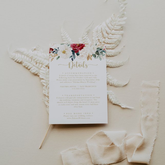 Carte D'accompagnement Détails de mariage floral blanc Bourgogne or Class (Créateur téléchargé)