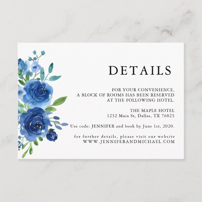 Carte D'accompagnement Détails de mariage floral bleu rustique (Devant)