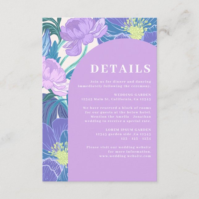 Carte D'accompagnement Détails de mariage floral pastel lilas et violet (Devant)