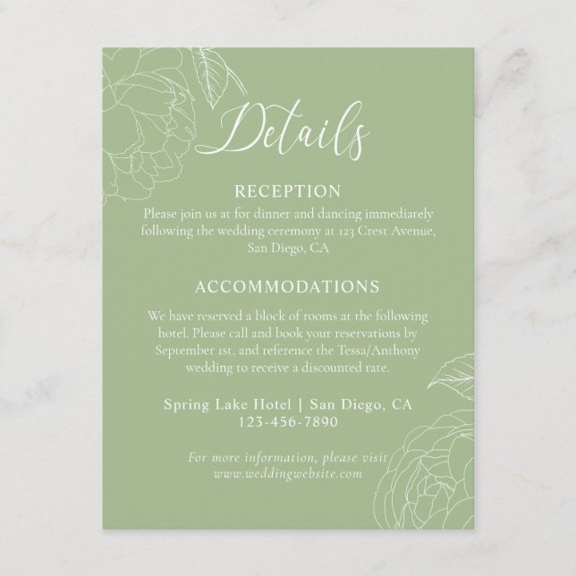 Carte D'accompagnement Détails de mariage floral vert sauge élégant (Devant)
