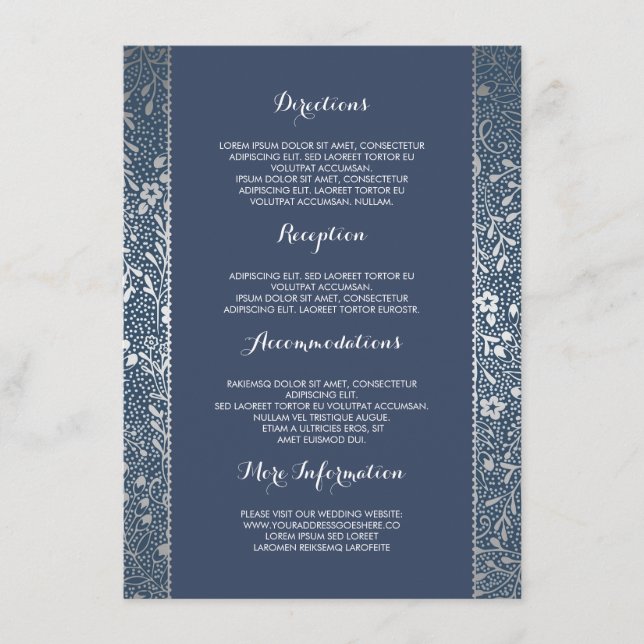 Carte D'accompagnement Détails de mariage floraux Navy argentés - Informa (Devant)
