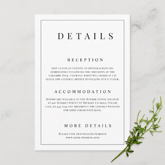 Carte D'accompagnement Détails de mariage formels simples noir et blanc