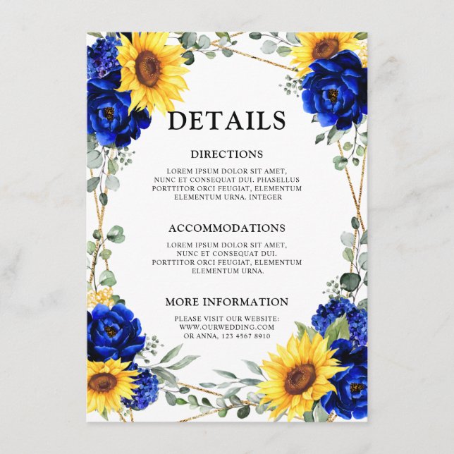 Carte D'accompagnement Détails de mariage géométrique tournesol bleu roya (Devant)
