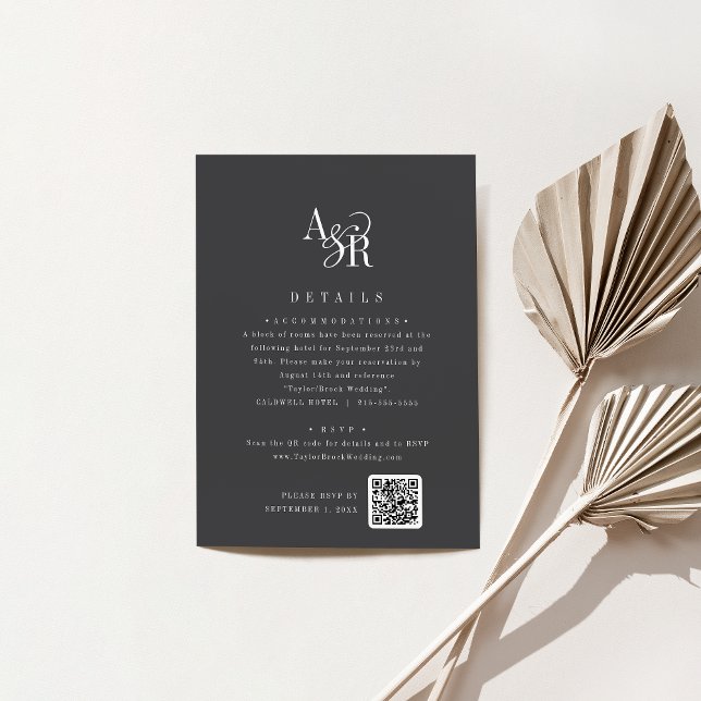 Carte D'accompagnement Détails de mariage gris foncé en monogramme initia (ANDREA Initials Monogram Dark Gray Wedding Details Enclosure Card)