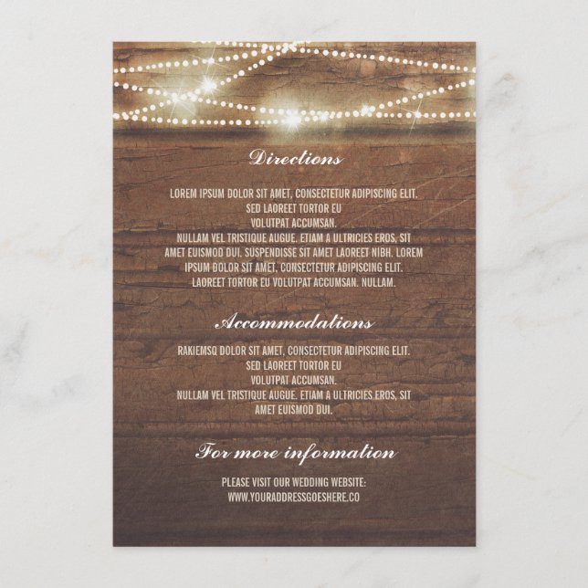 Carte D'accompagnement Détails de Mariage Lumières Guirlande Bois Rustiqu (Devant)