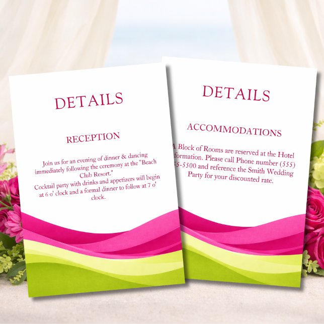 Carte D'accompagnement Détails de mariage moderne Fuchsia et vert citron (Fuchsia & Lime Green Modern Wedding Details Enclosure Card Reception and Accommodations)