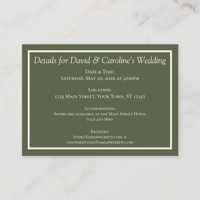 Carte D'accompagnement Détails de mariage moderne vert forêt uni (Devant)