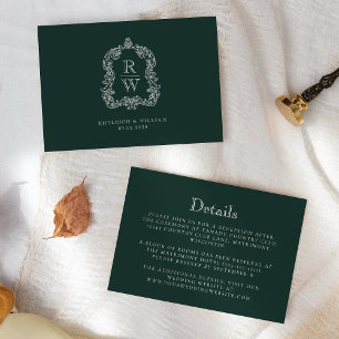 Carte D'accompagnement Détails de mariage Monogram Crest Forest Green