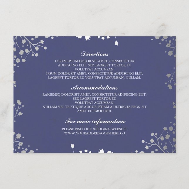 Carte D'accompagnement Détails de mariage Navy Silver Baby's Breath (Devant)