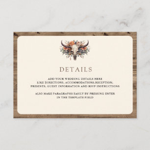 Carte D'accompagnement Détails de mariage occidental de crâne de vache fl