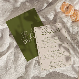 Carte D'accompagnement Détails de mariage rétro élégants en vert olive à 