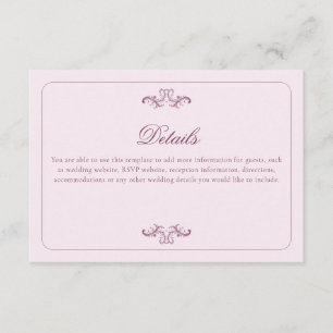 Carte D'accompagnement Détails de mariage rose classique