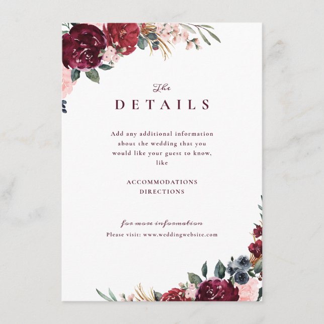 Carte D'accompagnement Détails de mariage rustique bohème floral de Bourg (Devant)