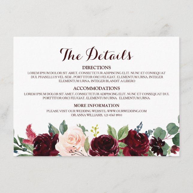 Carte D'accompagnement Détails de mariage rustique floral rouge Bourgogne (Devant)