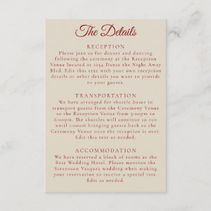 Carte D'accompagnement Détails de mariage simple rubis rouge os blanc