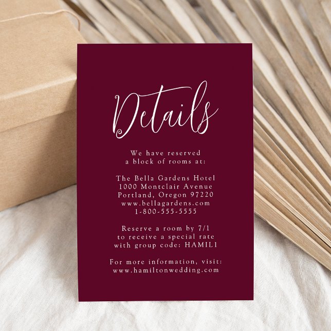 Carte D'accompagnement Détails de mariage Simple Script Bourgogne (Créateur téléchargé)